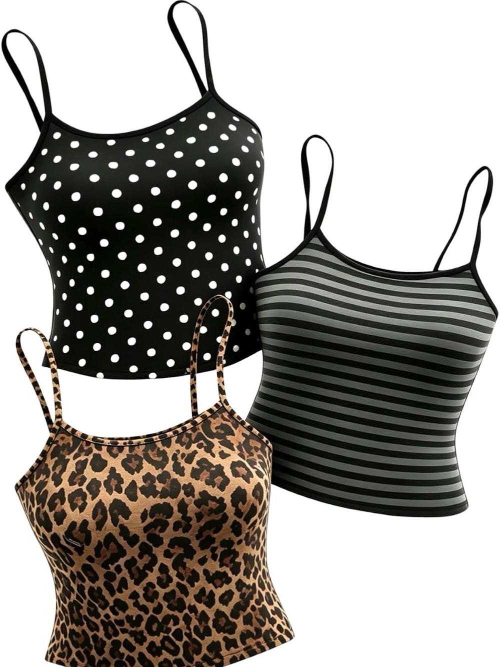 3-Pack Women’s Cami Tank Tops - Black Polka Dot, Olive Stripe & Leopard
